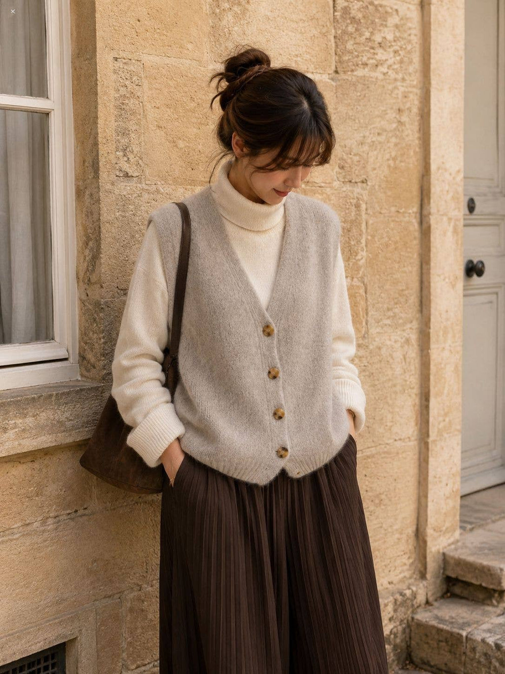 Alpaca knit sleeveless vest - Beige / One size