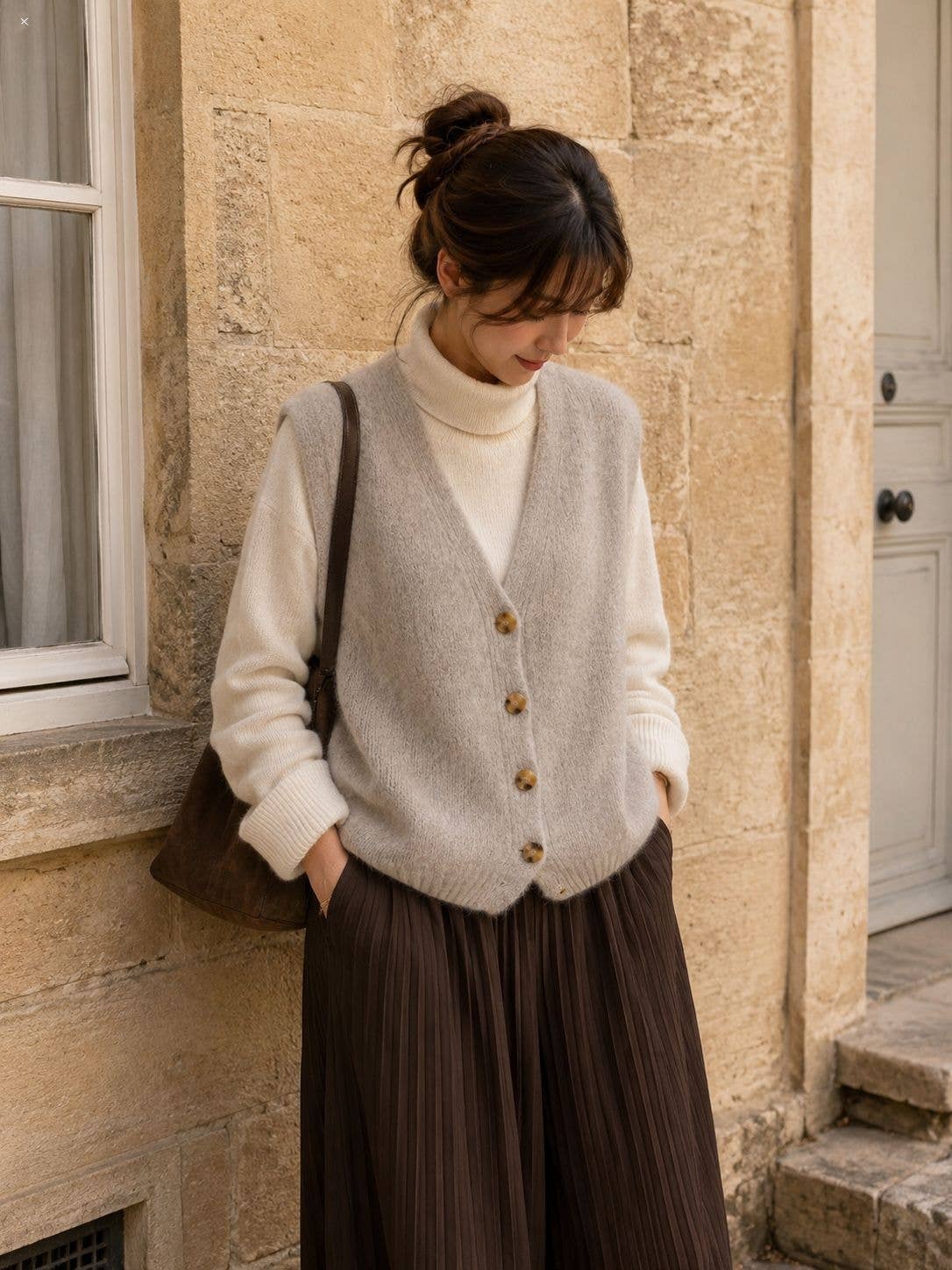 Alpaca knit sleeveless vest - Beige / One size
