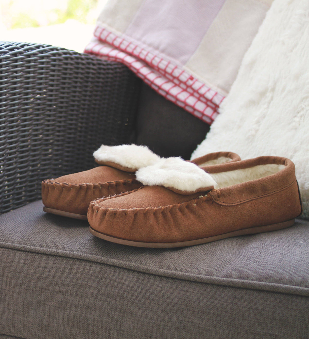 Zoe Plush Lined Moccasins: Dark Camel / 6