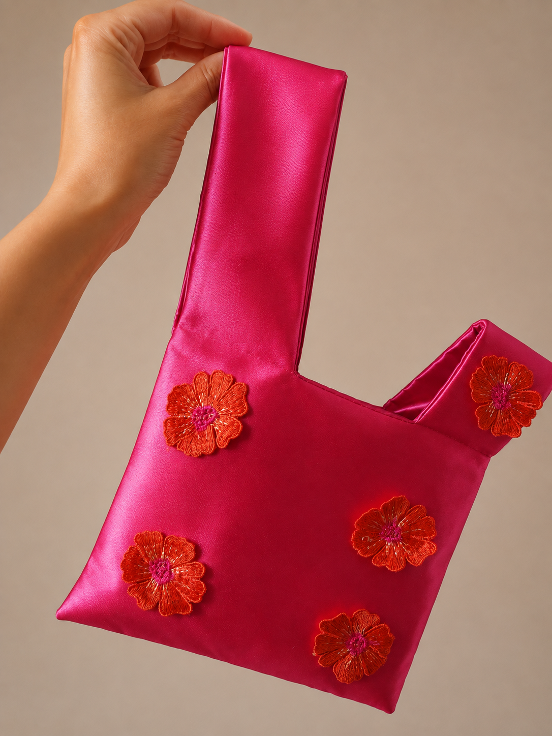 Japanese knot satin bag fuchsia with red and pink flowers