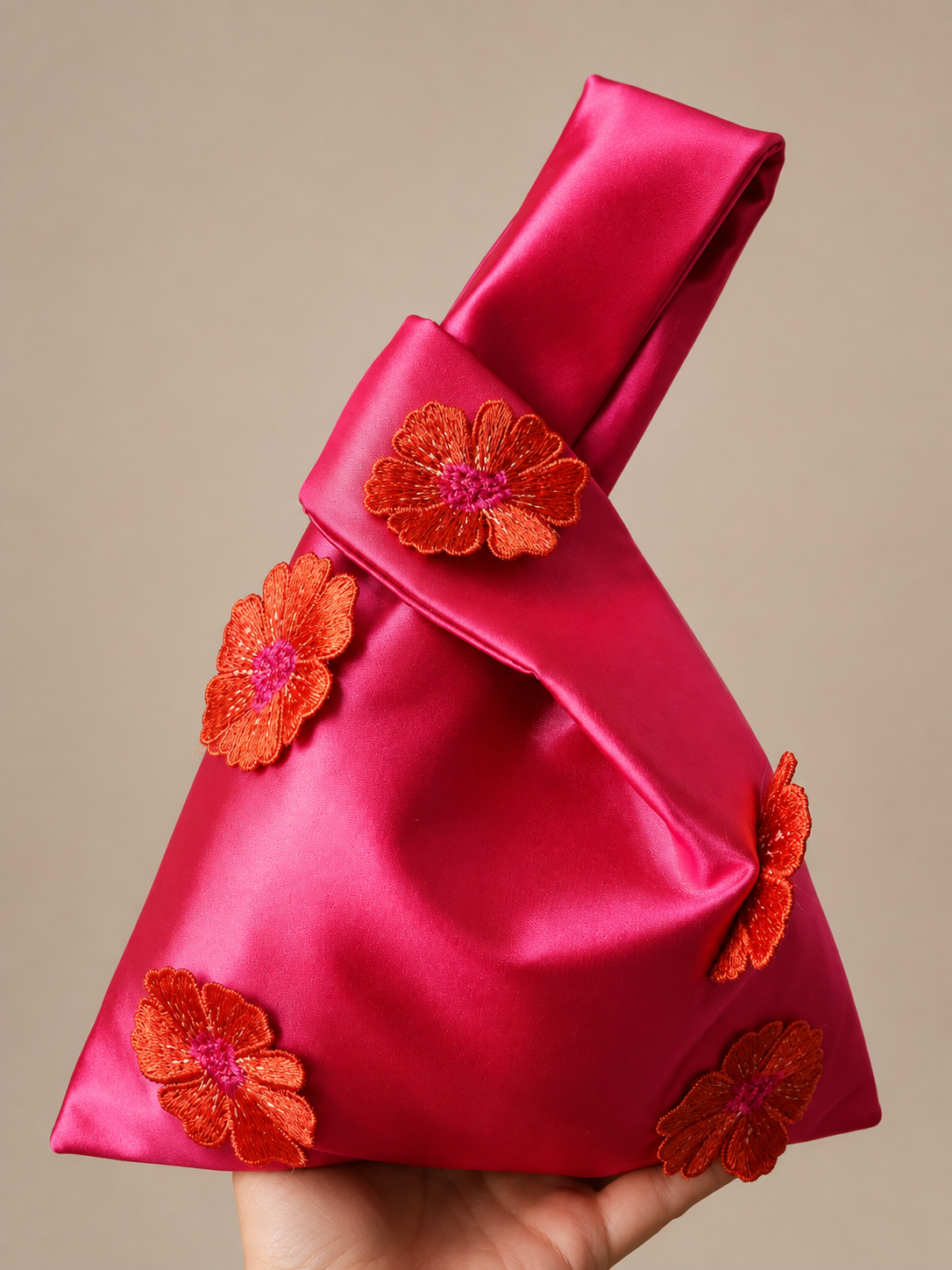 Japanese knot satin bag fuchsia with red and pink flowers
