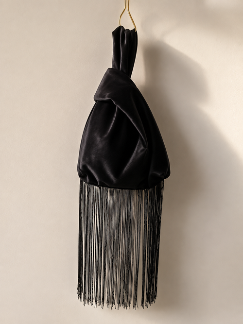 Japanese knot 'Medusa' black velvet bag with a fringe trim