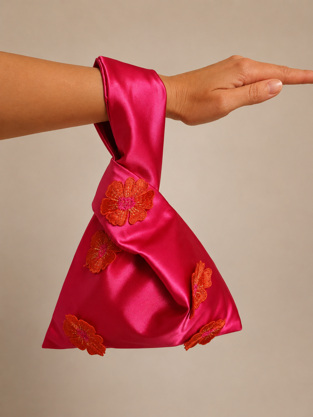 Japanese knot satin bag fuchsia with red and pink flowers