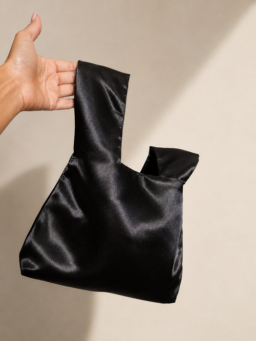 Japanese knot black satin bag