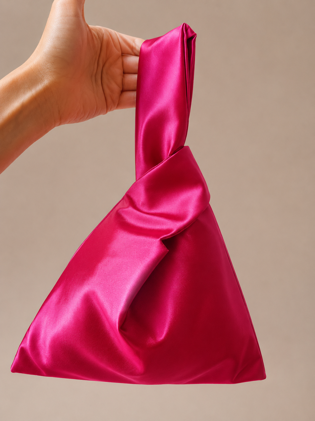 Japanese knot satin bag fuchsia with red and pink flowers